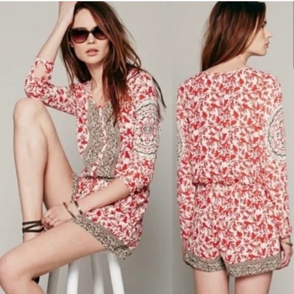 EUC! Really beautiful! Free People Red Bronze Gardenia Shorts Romper Long Sleeve - Picture 4 of 11